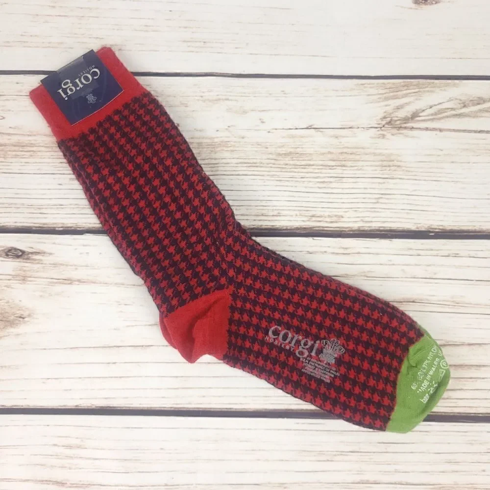 Corgi Wool Blend Red Black Houndstooth hosiery socks Made In Wales UK Size XS